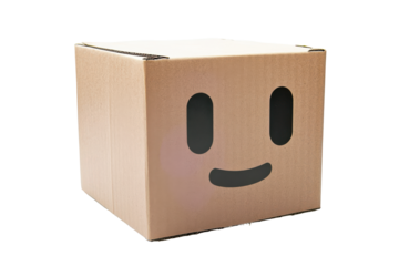 Cardboard box is sitting on a on transparent background. Simple brown cardboard box with a lid sits on a white surface isolated on transparent background.