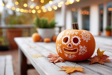 Halloween pumpkin hand-painted with dia de los muertos inspired sugar skull or calavera decoration