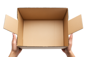 Hands holding an open empty cardboard box isolated on a transparent background. Person is holding a cardboard box with a white background