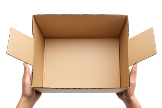 Hands holding an open empty cardboard box isolated on a transparent background. Person is holding a cardboard box with a white background