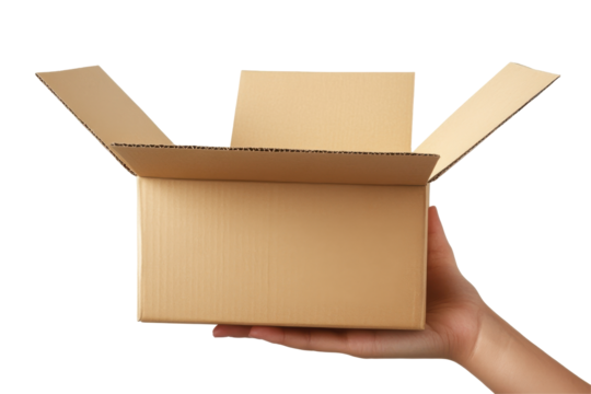 Hand holding an open empty cardboard box isolated on a transparent background. Person is holding a cardboard box with a white background
