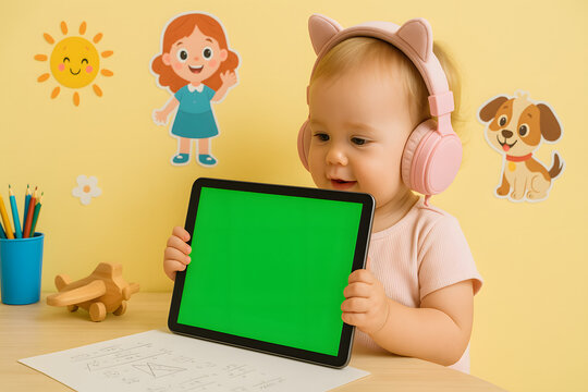 Cheerful background with cartoon characters stuck on the wall, green screen tablet held by toddler