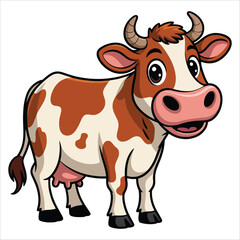 Adorable cartoon cow with big eyes and brown spots on white, ideal farm animal vector illustration for kids education and learning materials