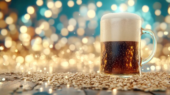 Frothy Brew Delight: A crystal-clear mug of dark, rich beer, topped with a creamy, frothy head, resting amidst a cascade of golden malt grains, sparkles under a warm, inviting light.