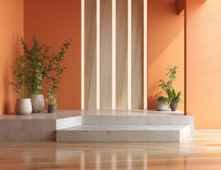 Minimalist, orange-toned room with steps, plants, and light wood paneling