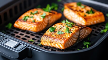 Sizzling Salmon: Perfectly cooked salmon fillets rest in a sleek air fryer, garnished with fresh herbs. A feast for the eyes and appetite!