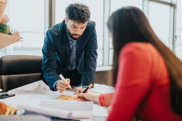 Two colleagues engaging in a work discussion, sharing ideas and collaborating on a project. The...