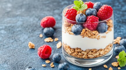 Berry Parfait Delight: A vibrant glass of parfait is filled with layers of creamy yogurt, crunchy granola, and a medley of fresh berries, showcasing the healthy and delicious breakfast option