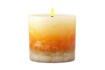 Yellow candle in a clear glass jar isolated on transparent background. Close up of a single lit candle with a soft yellow flame isolated on white background.