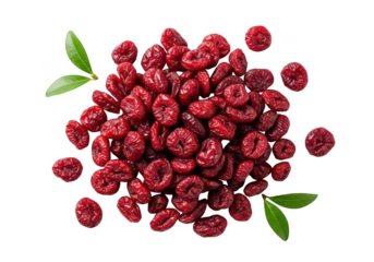 Overhead shot of dried cranberries with green leaves on cranberry fruit