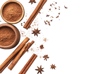 Cinnamon sticks and powder with star anise isolated on transparent background. Close up of cinnamon sticks and cinnamon powder isolated on white background.