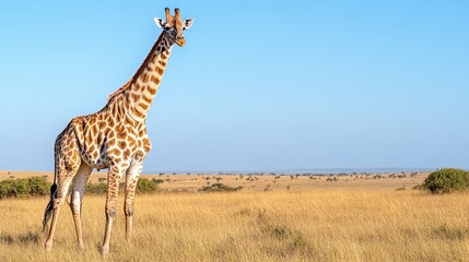 Obraz premium Giraffe in Savanna: The regal giraffe surveys its expansive domain, standing tall against the backdrop of a tranquil savanna under a clear, azure sky.