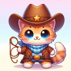A cute cartoon kitten dressed as a cowboy, wearing a large brown hat, tiny blue scraf,, curious eyes, holding a miniature lasso, orange tabby fur, kawaii chibi style, wallpaper, art print