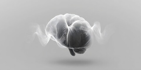Abstract representation of a brain,  with ethereal, wispy, light gray/white tendrils surrounding a dark gray/black form