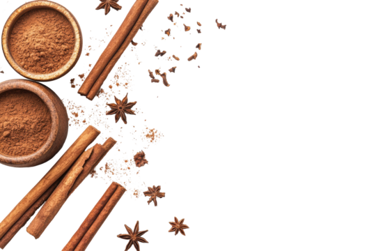 Cinnamon sticks and powder with star anise isolated on transparent background. Close up of cinnamon sticks and cinnamon powder isolated on white background.