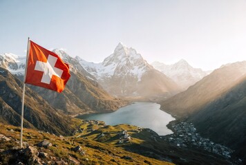 Sunrise over Swiss Alps: Red Swiss flag flutters before snow-capped peaks, tranquil blue lake, and alpine cottages. Swiss National day