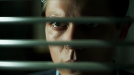 Eye peeking through window blinds in dark room creates mysterious surveillance atmosphere, suggesting privacy invasion and voyeurism themes for suspense narrative
