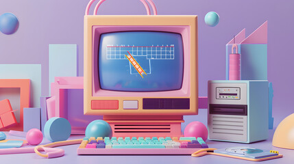 Retro-futuristic 3D illustration of vintage computer