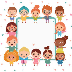 Poster frame in cute cartoon character style with expressive face and limbs.