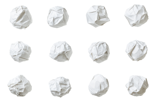 Collection of crumpled white paper balls isolated on transparent background. Collection of crumpled balls of white paper isolated on white background.