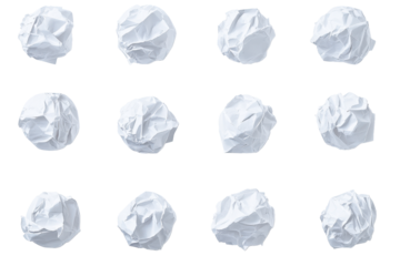 Collection of crumpled white paper balls isolated on transparent background. Collection of crumpled balls of white paper isolated on white background.