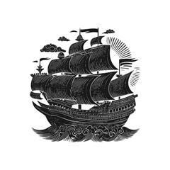 Vintage-style vector illustration of a classic sailing ship navigating through waves. Detailed etching design captures the majesty of maritime history with clouds and flags. Engraved, stamp, woodcut.