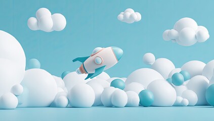 Cartoon rocket amidst puffy clouds