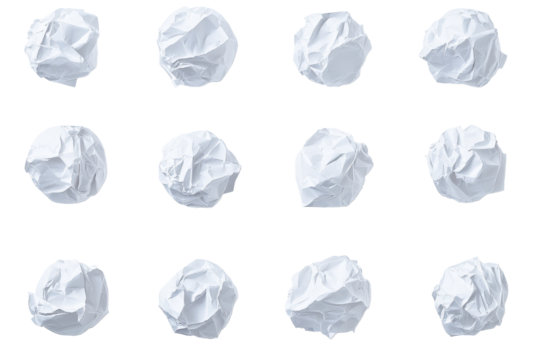 Collection of crumpled white paper balls isolated on transparent background. Collection of crumpled balls of white paper isolated on white background.