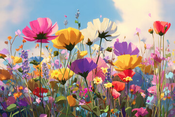 Vibrant Spring Wildflower Meadow under a Bright Blue Sky . AI generative.