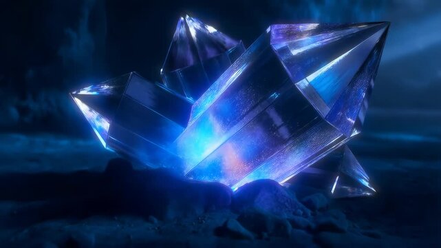 Glowing crystal formation emerges on rocky surface, illuminating darkness with mystical blue light and geometric shapes for magical fantasy background