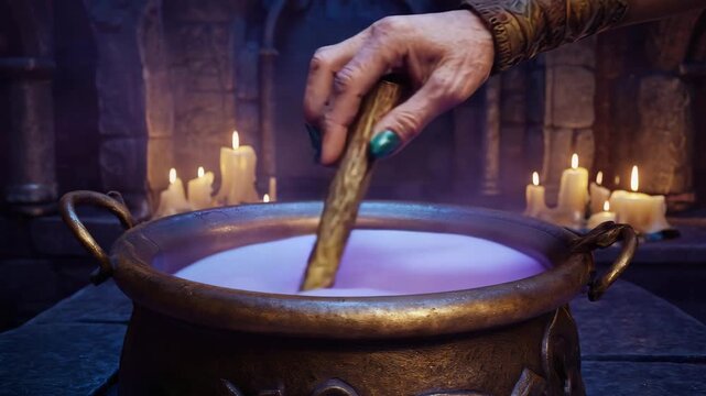Witch hands stirring potion in black cauldron by candlelight, spooky magical ritual scene in 4K