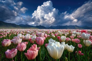 A vast field of pink and white tulips stretches towards a mountain range under a dramatic sky