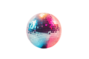 Colorful disco ball with many small mirrored squares isolated on transparent background. Colorful disco ball reflecting light in an isolated on white background.
