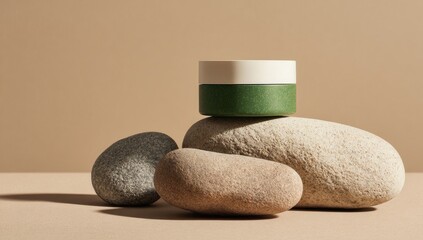 Skincare jar atop stacked stones