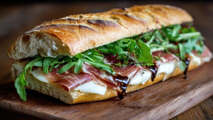 Long sandwich with prosciutto, mozzarella, and arugula on a wooden board