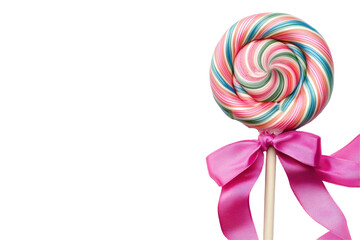 Fototapeta premium Colorful swirl lollipop with pink ribbon isolated on transparent background. Colorful spiral lollipop with a pink ribbon isolated on white background.
