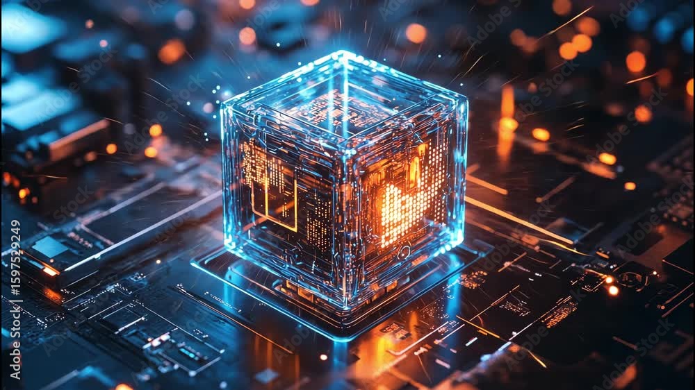Aufkleber a glowing cube with digital circuitry in futuristic 3d cyberspace.