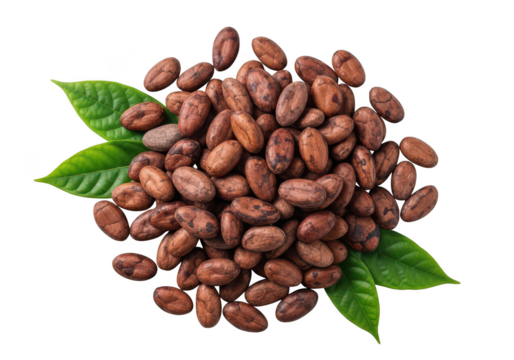 Pile of raw cocoa beans with green leaves on cacao chocolate