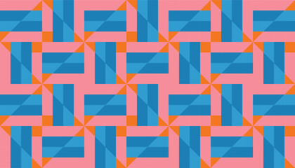 Abstract geometric tile pattern in a playful color palette of pink, orange, and blue
