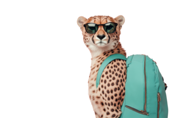 Cool cheetah wearing sunglasses and backpack ready for adventure isolated on transparent background. Cool cheetah in sunglasses with teal backpack on white background.