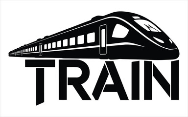 Sleek black train silhouette with bold white lettering transportation travel