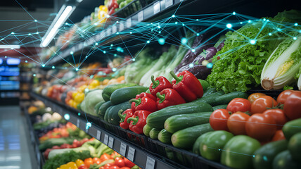 Fresh produce on grocery store shelves with digital network overlay vegetables fruits