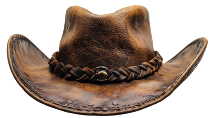 Distressed brown leather cowboy hat featuring smooth curves and bold braided decoration on transparent background