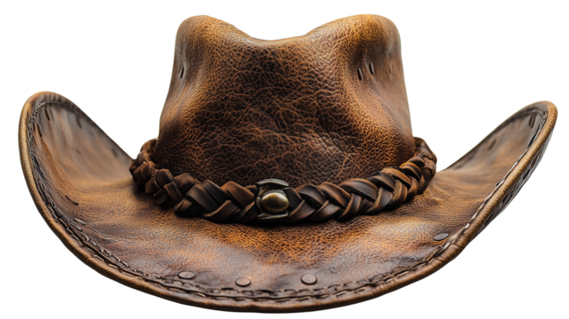 Distressed brown leather cowboy hat featuring smooth curves and bold braided decoration on transparent background