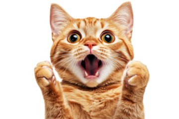 Surprised cat yawning with open mouth and pink tongue sticking out on transparent background. Crazy surprised ginger cat in shock isolated on white background.