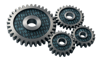 A set of interlocking gears, each gear face etched with shifting pseudo-binary sequences.