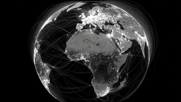 Global map, night lights, network lines - Powered by Adobe