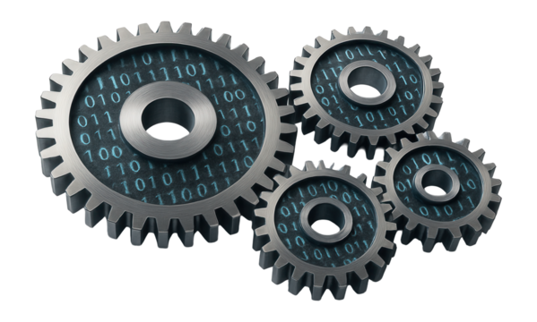 A set of interlocking gears, each gear face etched with shifting pseudo-binary sequences. - Powered by Adobe