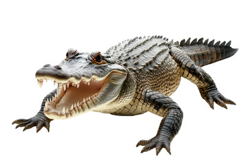 Obraz premium Close up of an alligator with mouth open showing sharp teeth isolated on transparent background. Crocodile isolated on white background.