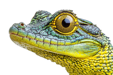 Fototapeta premium Close up of a vibrant green and yellow lizard eye and scales isolated on transparent background. Crocodile isolated on white background.